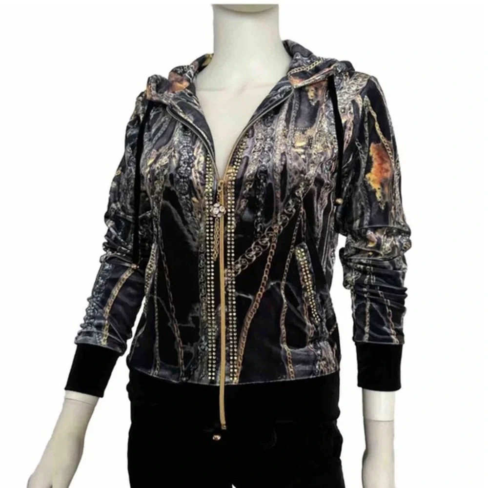 NWT WOMEN VELOUR TRACKSUIT 2 PC SET JACKET/BLACK‎ PANTS HOODED ZIPPED LOUNGEWEAR